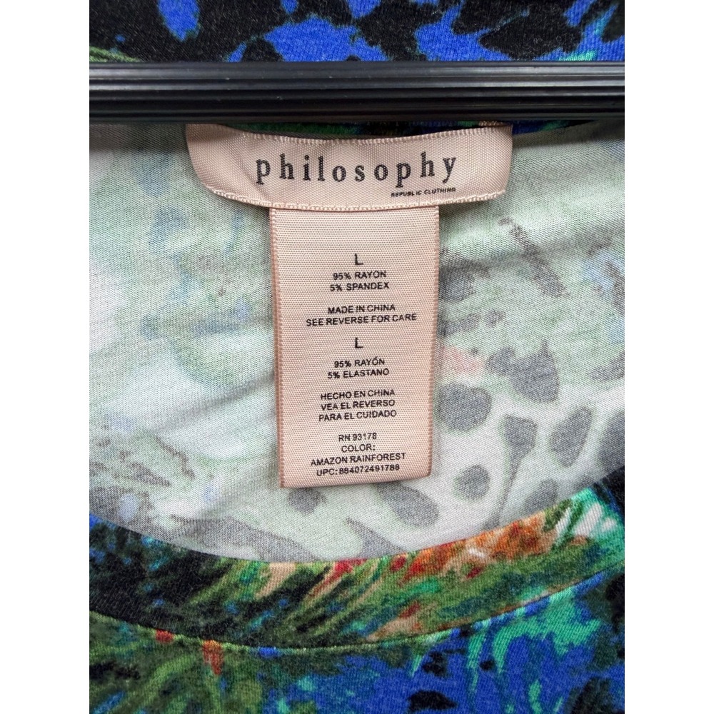 Philosophy Tunic Top Womens Blue Green Amazon Rainforest Sharkbite Hem L - Picture 6 of 6